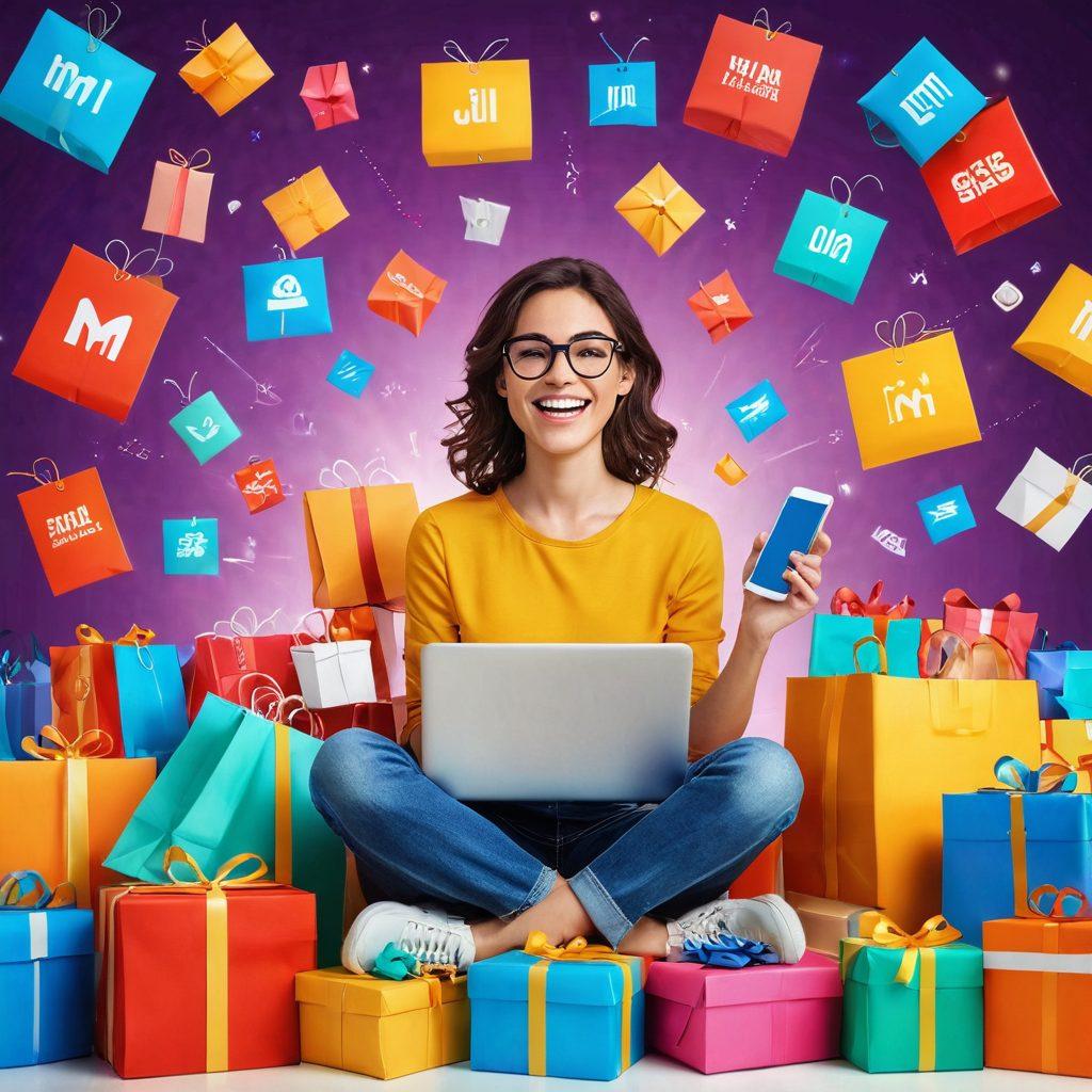 A joyful person shopping online, surrounded by colorful packages and shopping icons, reflecting happiness and contentment. The background features a digital marketplace with glowing items and cheerful elements, symbolizing a vibrant online shopping experience. Soft warm lighting enhances the uplifting mood. cartoon style. vibrant colors. white background.
