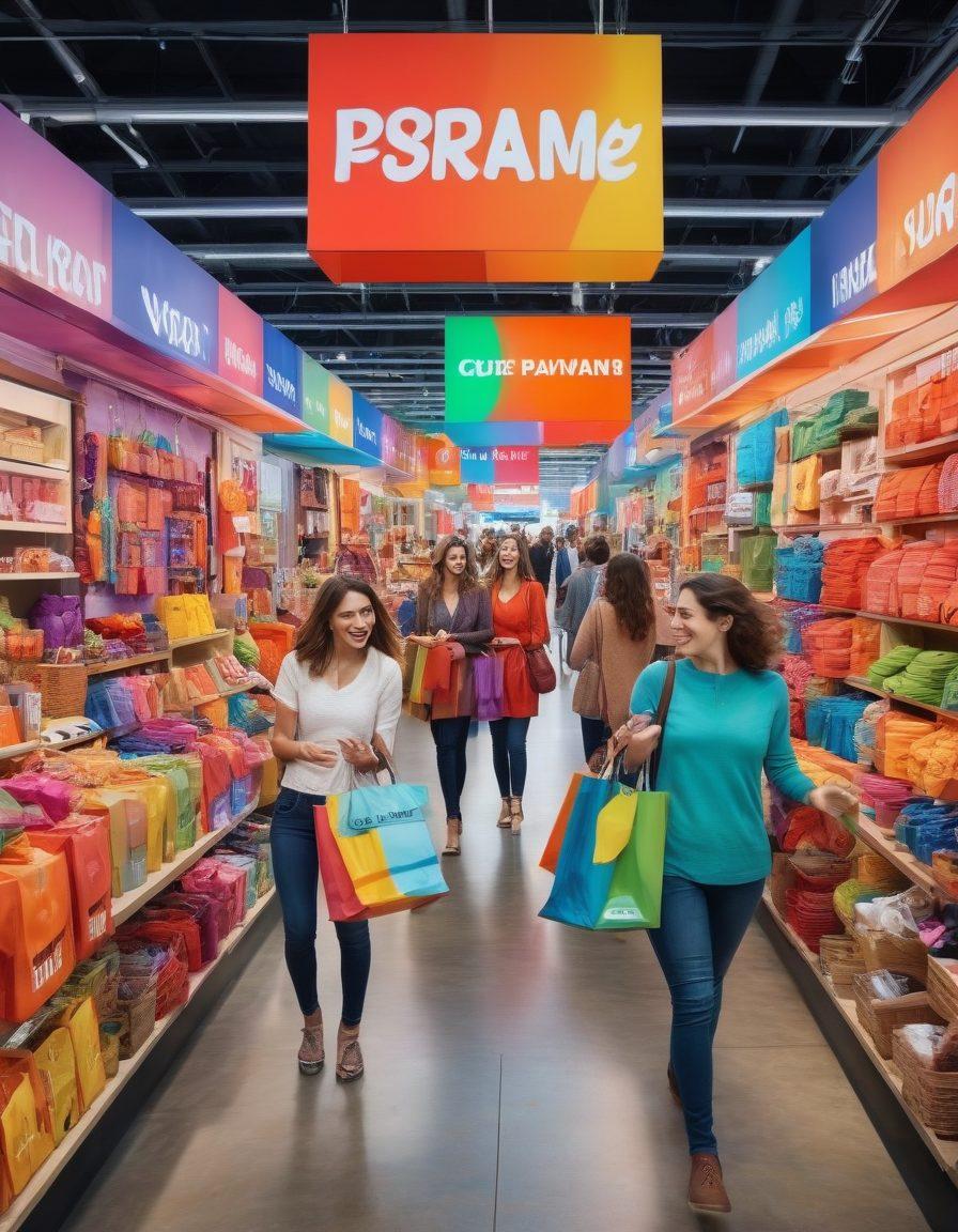 A lively scene depicting a diverse group of enthusiastic shoppers exploring a vibrant marketplace, filled with colorful products and unique finds. The foreground showcases joyful interactions between buyers and sellers, while a digital display highlights special deals in bold letters. Incorporate elements like shopping bags and excited facial expressions to convey a sense of discovery and satisfaction. Bright, engaging colors should dominate the scene to reflect a fun and uplifting shopping experience. vibrant colors. super-realistic.